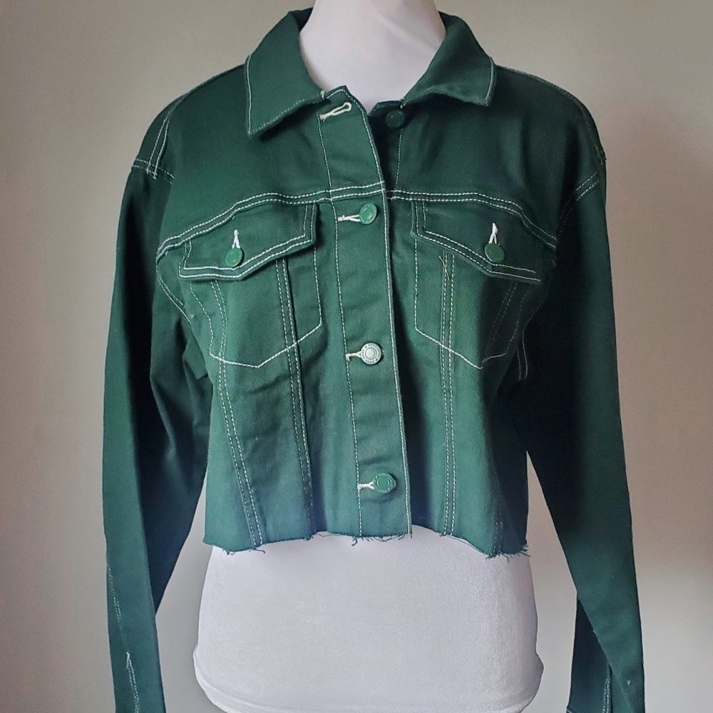 GOGO JEANS Cut-off Cropped Denim Jacket Contrast White Stitch on Forest Green L